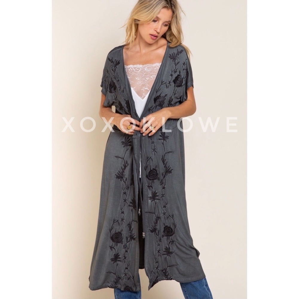 POL Charcoal Embroidered Short Sleeve Rayon Jersey Cardigan Kimono